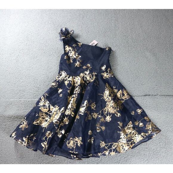 New Marchesa Notte Dress Girls 12 Blue Gold Floral One Shoulder Formal Lined USA - Picture 1 of 12